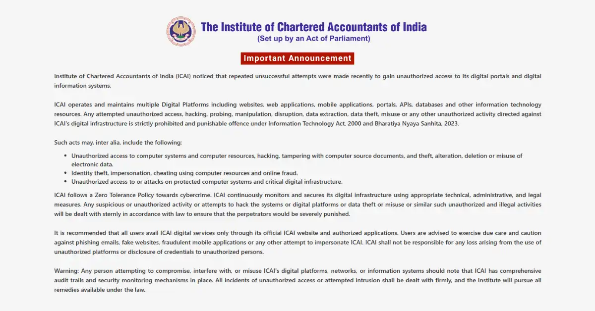 ICAI Issues Warning on Unauthorized Access to Digital Portal