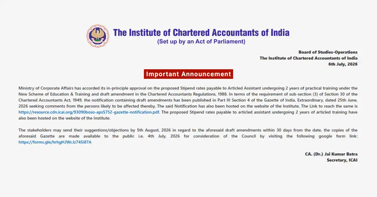 ICAI Invites Public Comments on Proposed ICAI Stipend Rates for 2-Year Articleship Under New Scheme