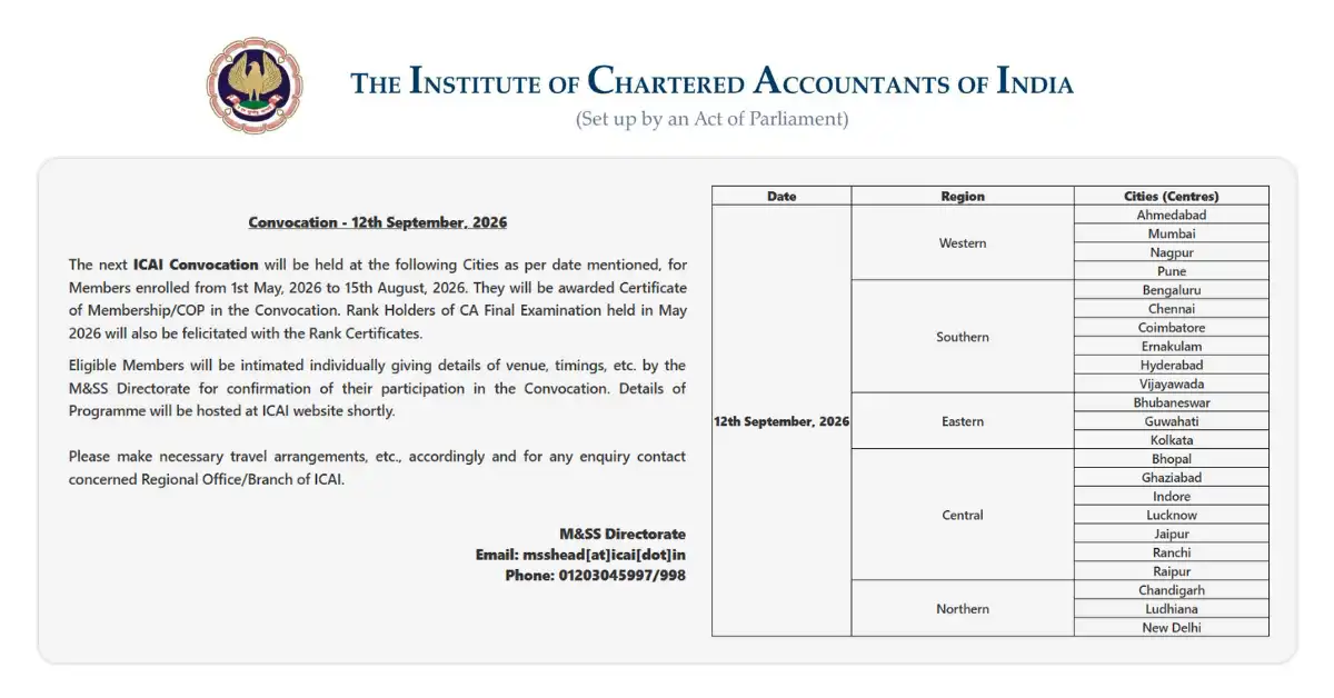 ICAI Convocation Sept 2026 to Be Held on 12th September