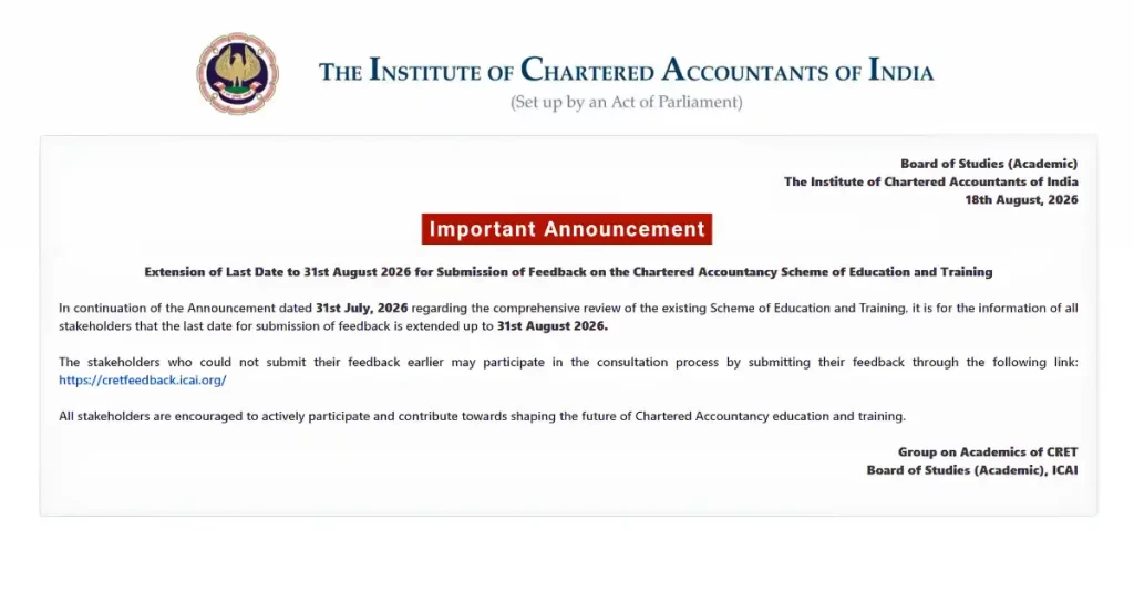 ICAI Extends CA Scheme Feedback Last Date to 31 August 2026