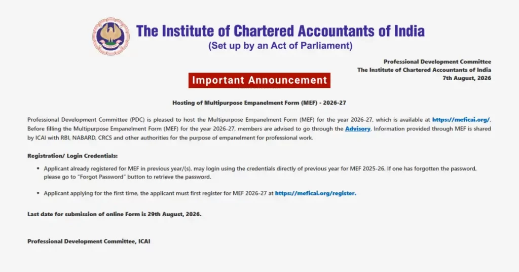 ICAI Multipurpose Empanelment Form (MEF) 2026-27 Released