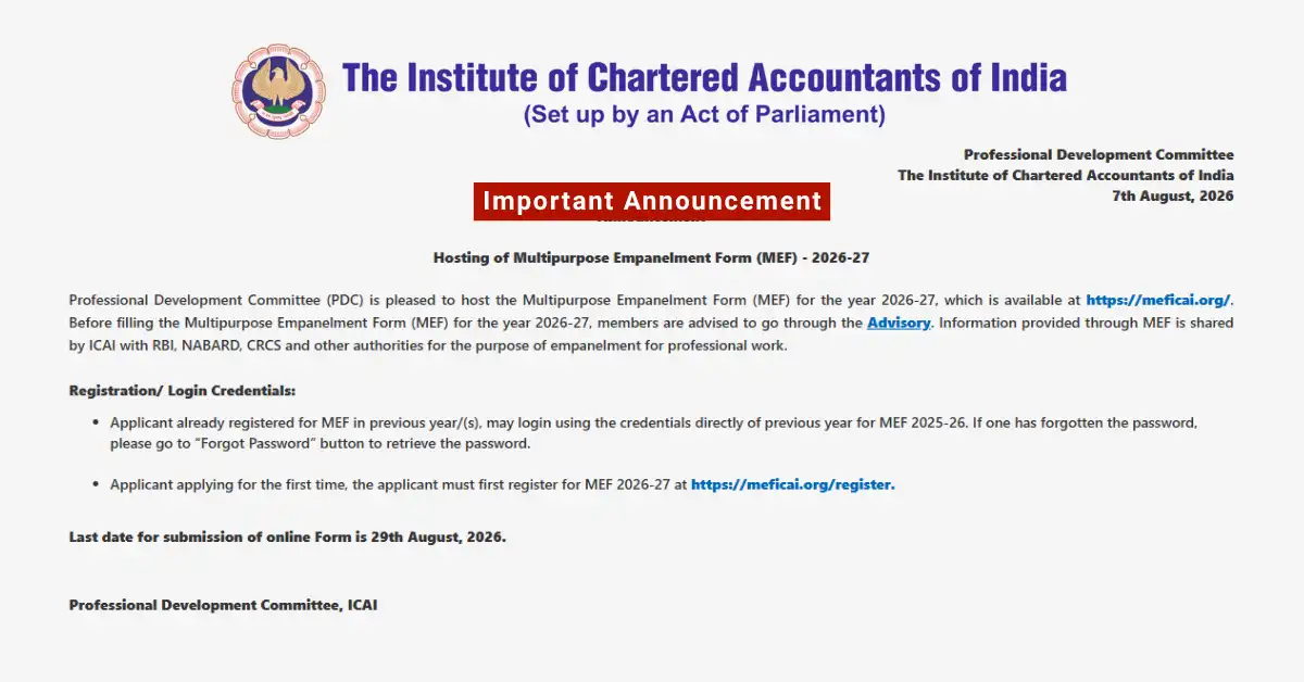 ICAI Multipurpose Empanelment Form (MEF) 2026-27 Released