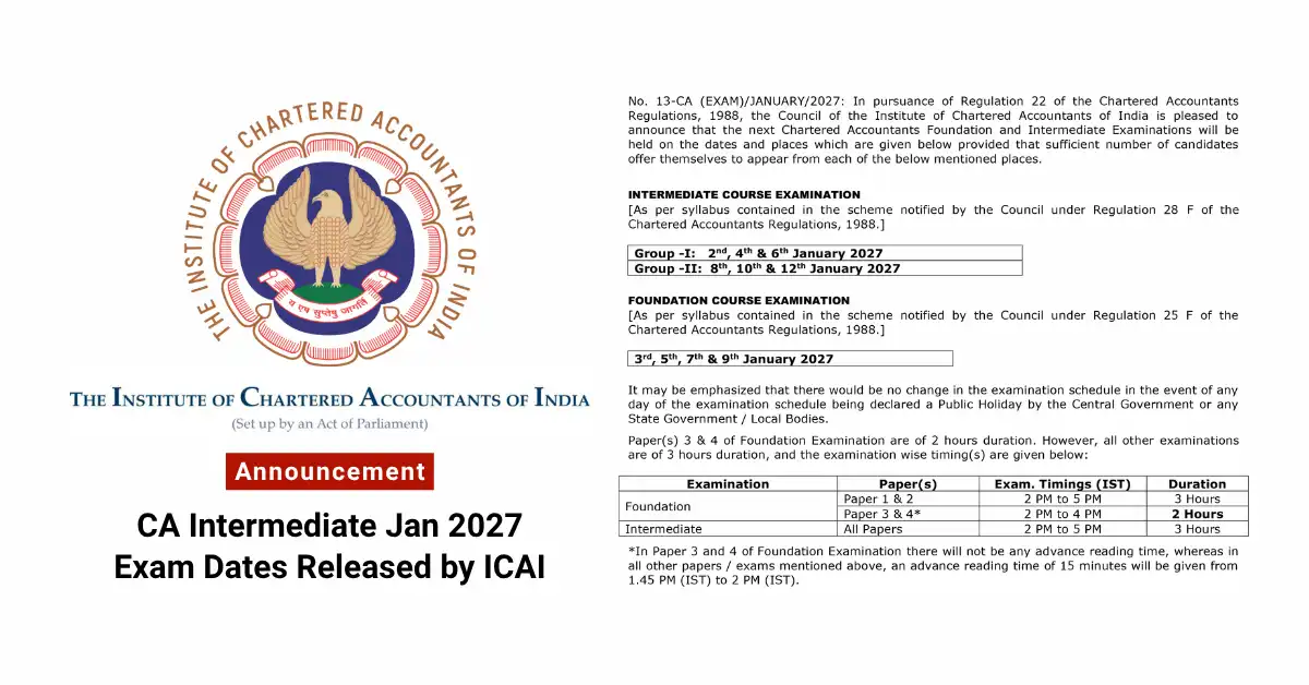 CA Inter Jan 2027 Exam Date Announced by ICAI: Check Complete Schedule