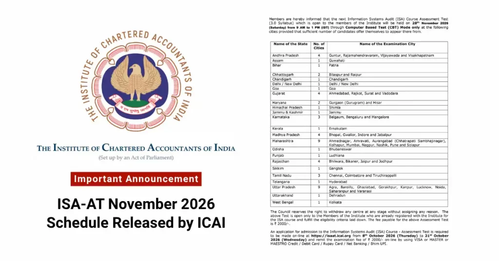 ISA AT November 2026: Exam Date, Schedule, Fee & Centres