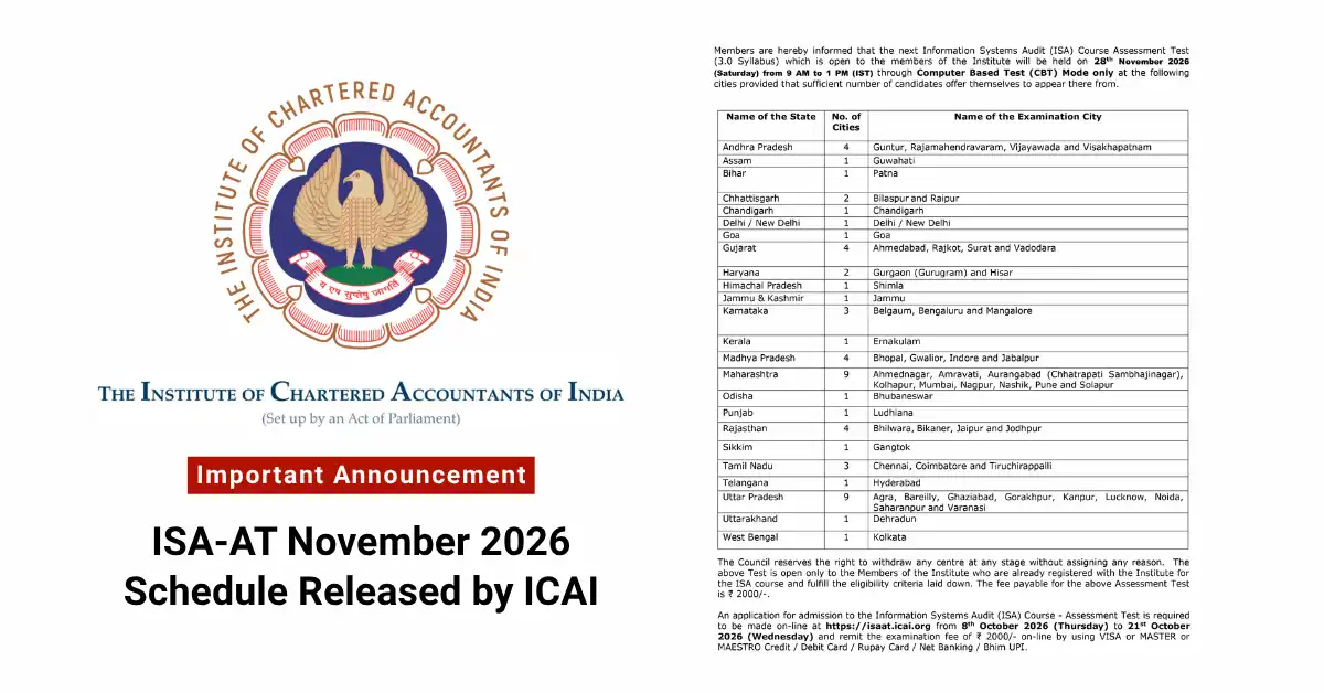 ISA AT November 2026: Exam Date, Schedule, Fee & Centres