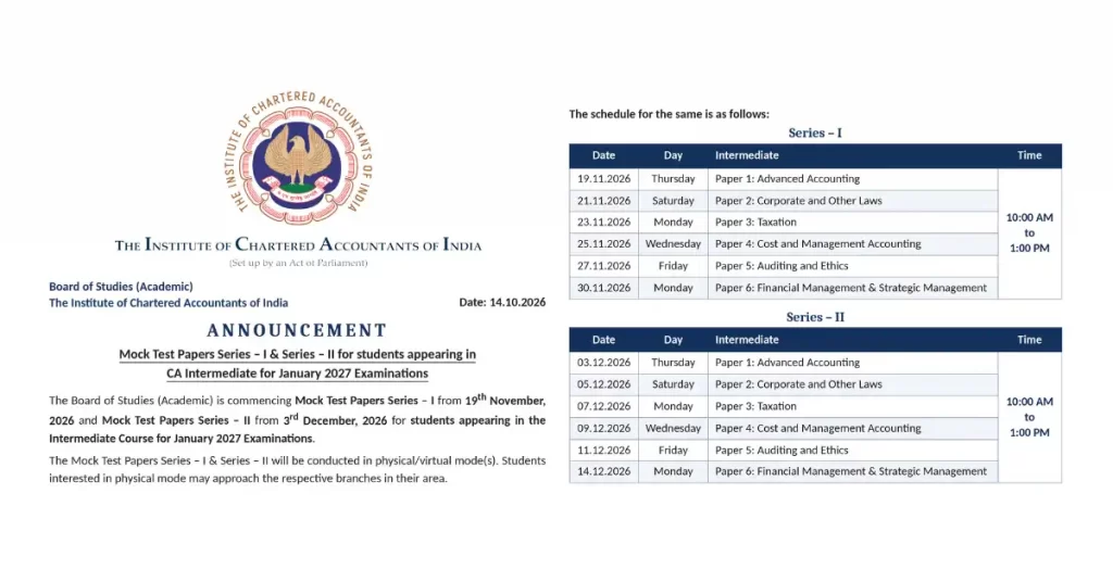 CA Inter MTP Jan 2027 Schedule Released by ICAI