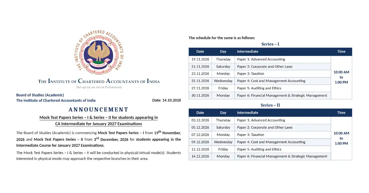 CA Inter MTP Jan 2027 Schedule Released by ICAI
